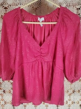 Women's Eyelet Ruched V-Neck Blouse in Hot Pink